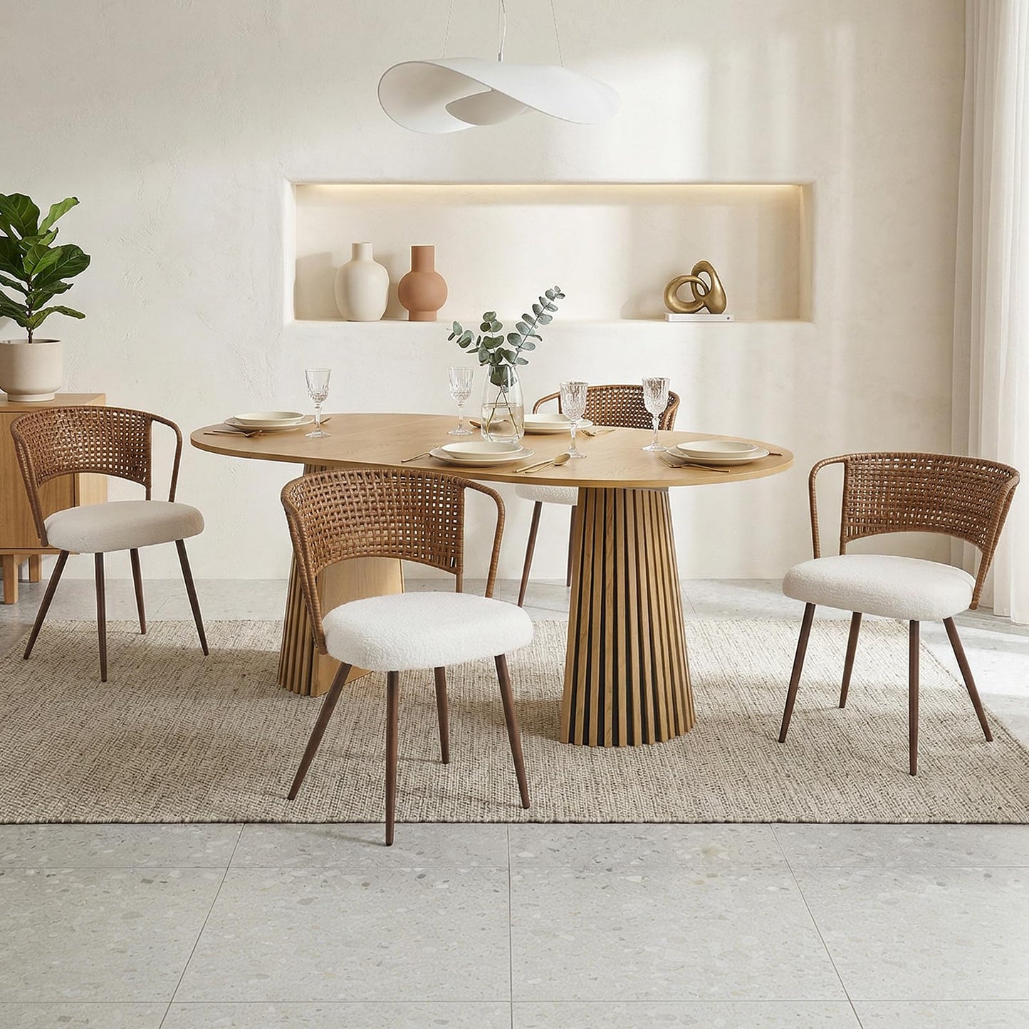 KEIKI Wicker Dining Chairs Set of 4, Farmhouse Cane Back Kitchen Chairs with Upholstered Cushion, Wingback Rattan Dining Chair with Metal Legs & Adjustable Feet, Modern Dining Room Chairs, Dark Brown