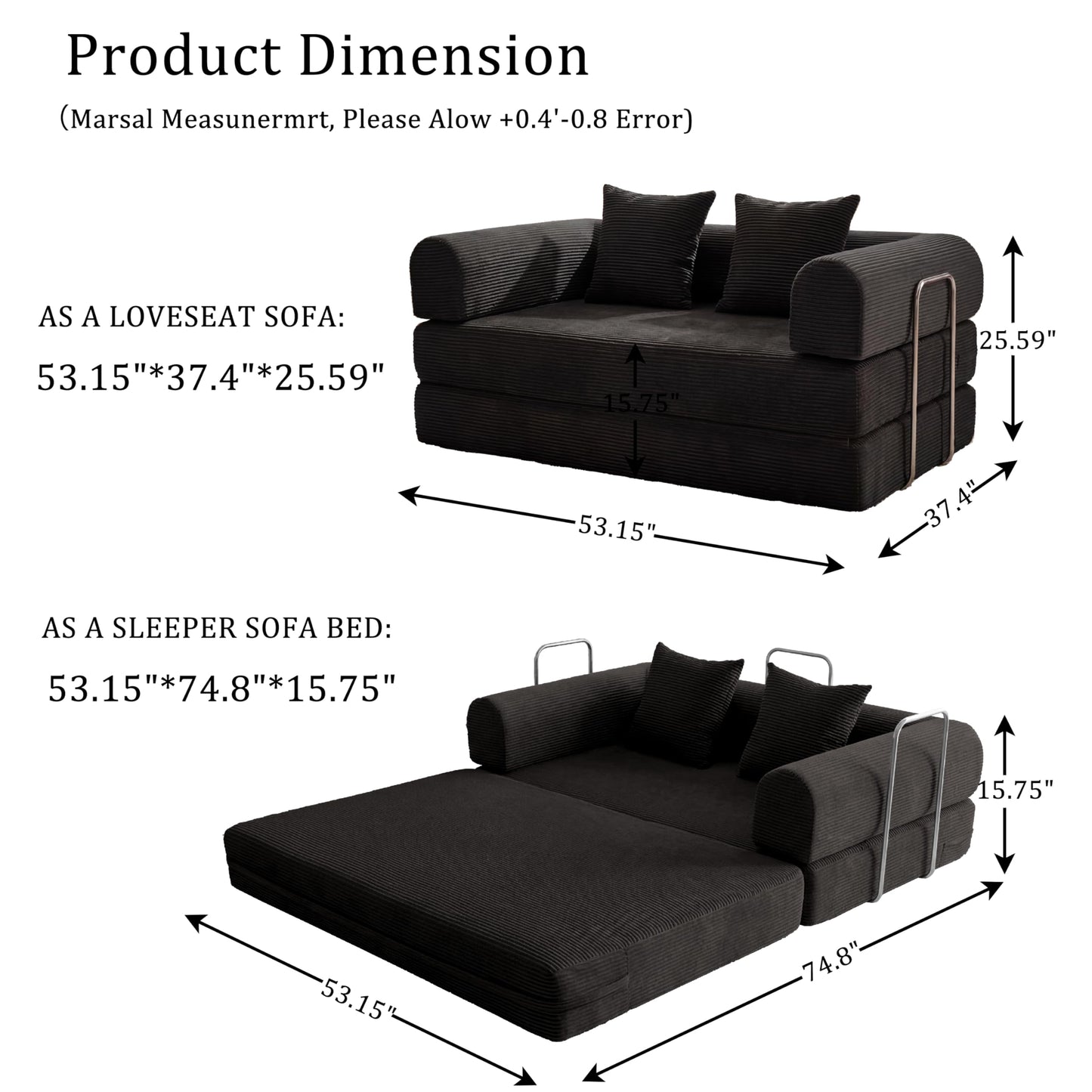 HouseMila 53.15" Boneless Couch,4-in-1 Futon Sofa Bed Modular Loveseat Sleeper Folding Compressed Couch with Pillows,No Assembly Required Convertible Sofa Bed for Living Room Bedroom Guest Room,Black