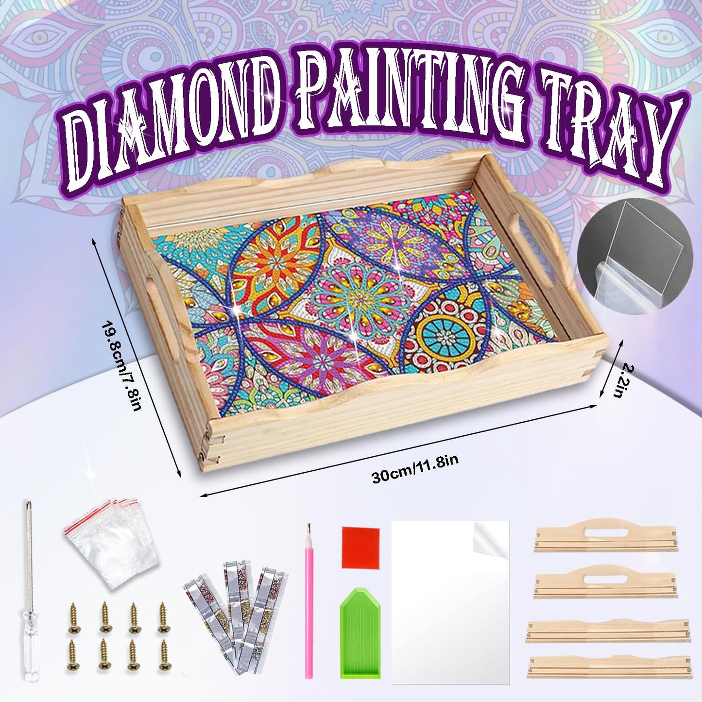 EWJRNSF Diamond Art Kits for Adults Wooden Serving Trays with Handles, 5D Diamond Painting Big Gem Arts and Craft Gifts Trays Decor Gift Home Decor 7.8x11.8 Inches Mandala A