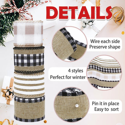 4 Rolls Winter Burlap Checked Ribbon Wire Border Christmas Holiday DIY Present Butterfly Floral Craft Decor 1.5 Inches Wide 13.2 Yard (Natural)