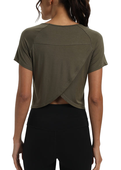 Mippo Short Sleeve Athletic Tops Workout Shirts Exercise Clothes Gym Crop Top Tshirts for Women Loose Fit Army Green M
