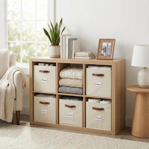 DECOMOMO Storage Bins - Fabric Cube Storage Bins with Labels | 10.5" x 11" | Set of 2, Beige