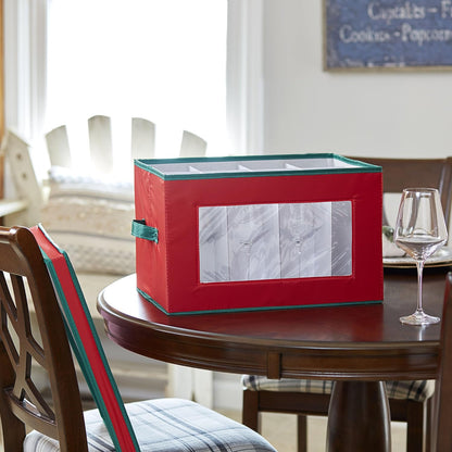 Household Essentials 540RED Holiday China Storage Chest with Lid and Handles, Red Canvas