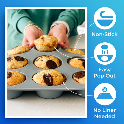 Jenaluca Silicone Cupcake & Muffin Pan for Baking - Set of TWO 12-cup pans, 12x9 Size, Non-stick, BPA Free, Dishwasher Safe - no cupcake liner needed