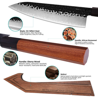 FINDKING Kitchen Knife Set with Individual Wooden Blocks, 4 Japanese Knives with Walnut Edge Guards, High Carbon Steel Blades, for Meat, Fruits, Vegetables, Dynasty Series