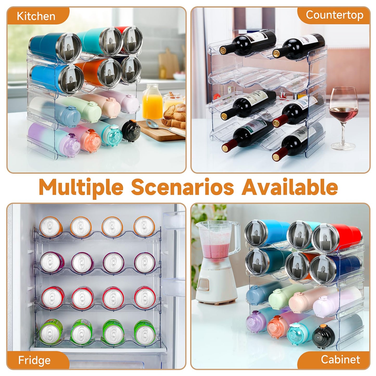 Stackable Water Bottle Organizer, Large Compartment Water Bottle Holder, 4 Tier Clear Water Bottle Organizer for Cabinet, Bottle Rack for Kitchen Organization and Storage - Hold 16 Bottles
