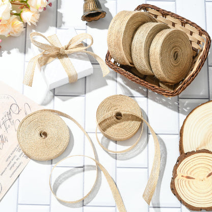 Stiesy Burlap Fabric Ribbon, 5 Rolls Natural Jute Twine for Craft Making Gift Wrapping, 5 Styles Rustic Wedding Decorations, 3/8 to 1-1/4 Inch Tan Ribbon Rolls