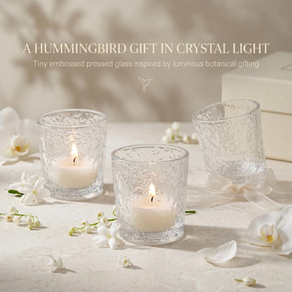 6 Pack Hummingbird Embossed Glass Candle Holders Votive Tealight Holders with Patent Design, Decorative Cups for Wedding Centerpieces, Parties, and Home Decor (Crystal Clear)