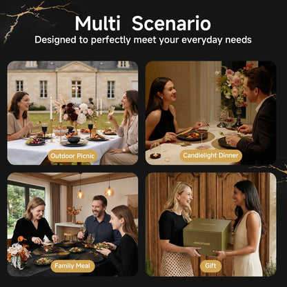 KINGSTONE Porcelain Dinnerware Sets for 8 | 24 Piece Plates and Bowls Sets Kitchen Dishes Scratch Resistant Matte Black Gold Vein Dinner Salad Plate Dishware for Party Daily Wedding