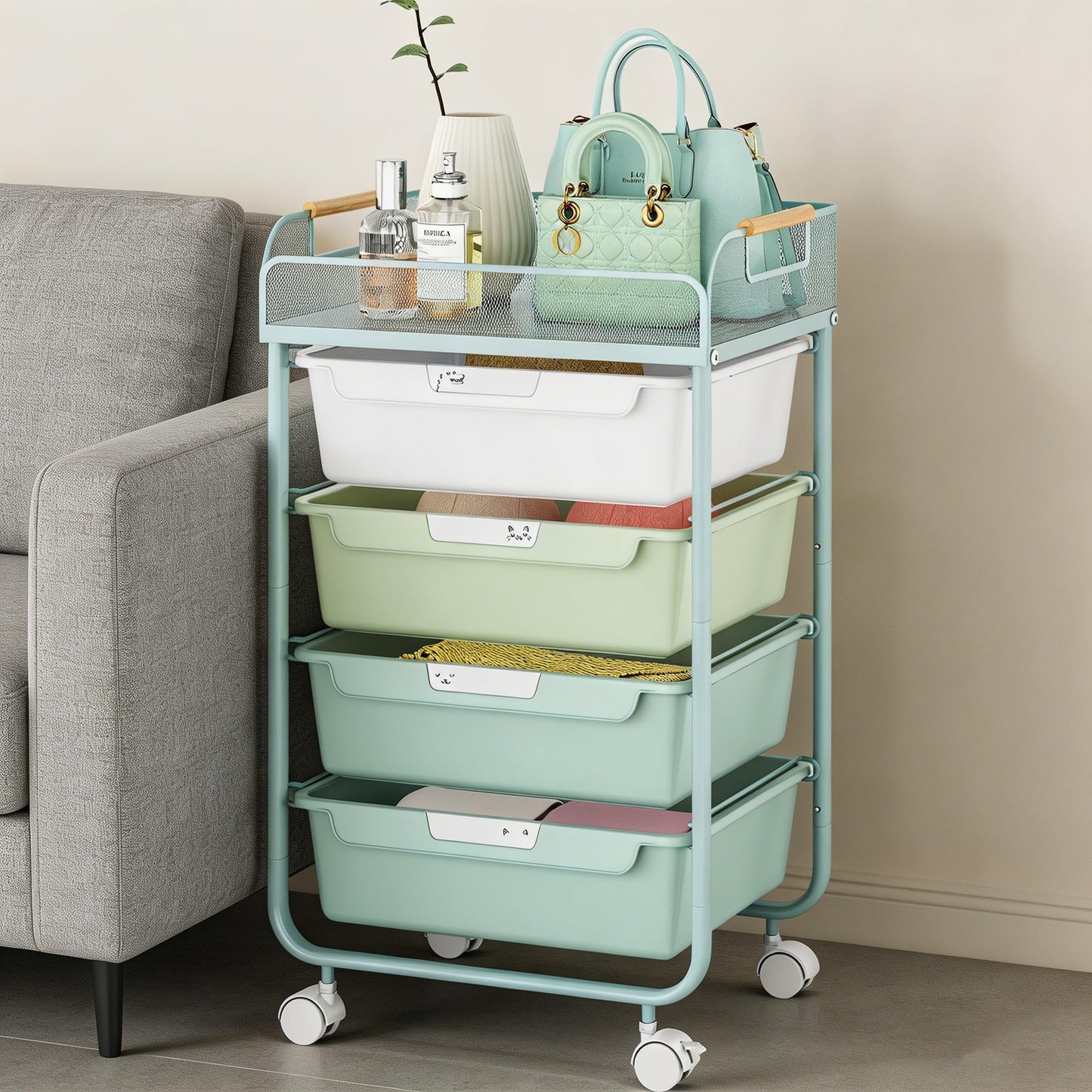 SYKIARIOL 4-Drawer Rolling Storage Cart with Mesh Top, Utility Craft Organizer Cart on Wheels with DIY Labels, Rolling Drawer Cart for Home Office Classroom Bedroom, Green