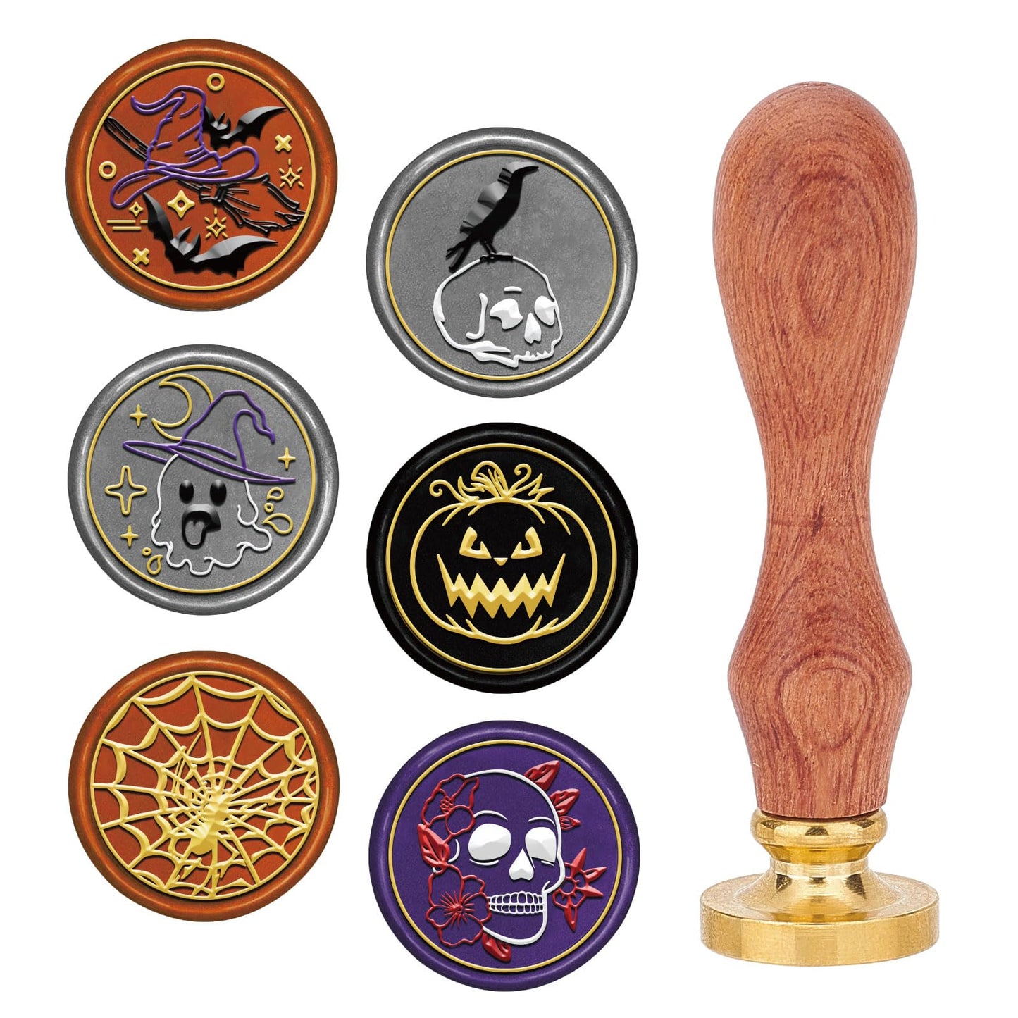 CRASPIRE Halloween Wax Seal Stamp Set 6Pcs Brass Sealing Stamp Heads Wood Handle Removable Kit Crow Witch Skull Spider Web Pumpkin Bat Skeleton Ghost for Party Envelope Invitation DIY Craft Gift Wrap