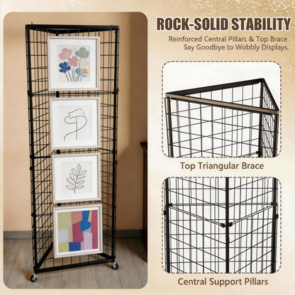 MEIHAOME Grid Wall Panels Foldable Gridwall Display Stand 3-Sided Triangular with Wheels, Rolling Wire Grid Tower for Craft Show, Retail & Vendor Event(24" x 68")