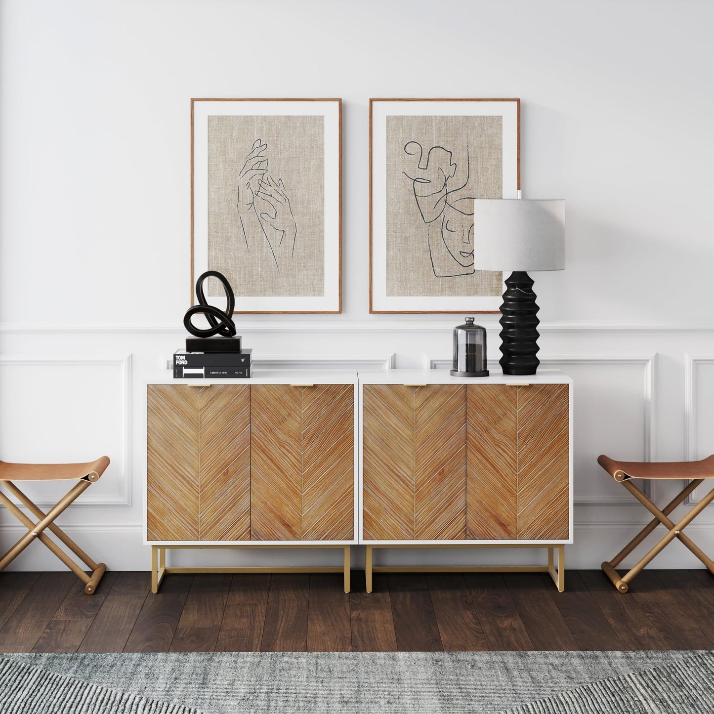 Nathan James Enloe Modern Storage Free Standing Accent Cabinet TV Stand with Doors in a Rustic Pine Wood Finish and Gold Metal Base for Hallway, Entryway or Living Room, Brown/White/Gold, Set of 2