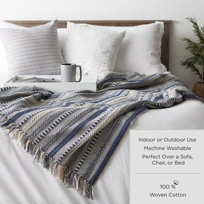 DII Farmhouse Woven Throw, 50x60 with 3" Fringe, French Blue