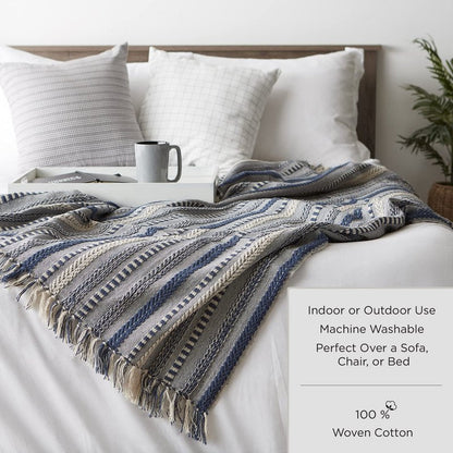 DII Navy Stripe Homespun Throw, 50x60 with 2.5" Fringe