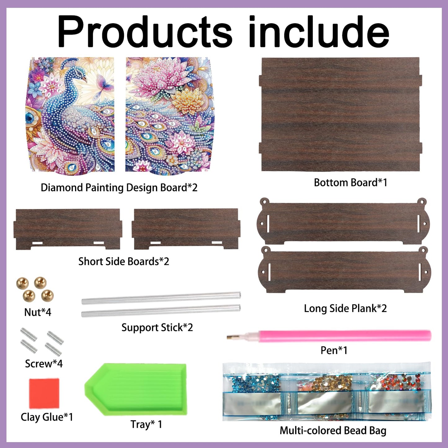 JZHYOAN Diamond Painting Wooden Storage Box Diamond Painting Handmade Art Desktop Decoration Kits, DIY Special Shaped Diamond Art Decorative Organizer with Peacock Pattern for Adult
