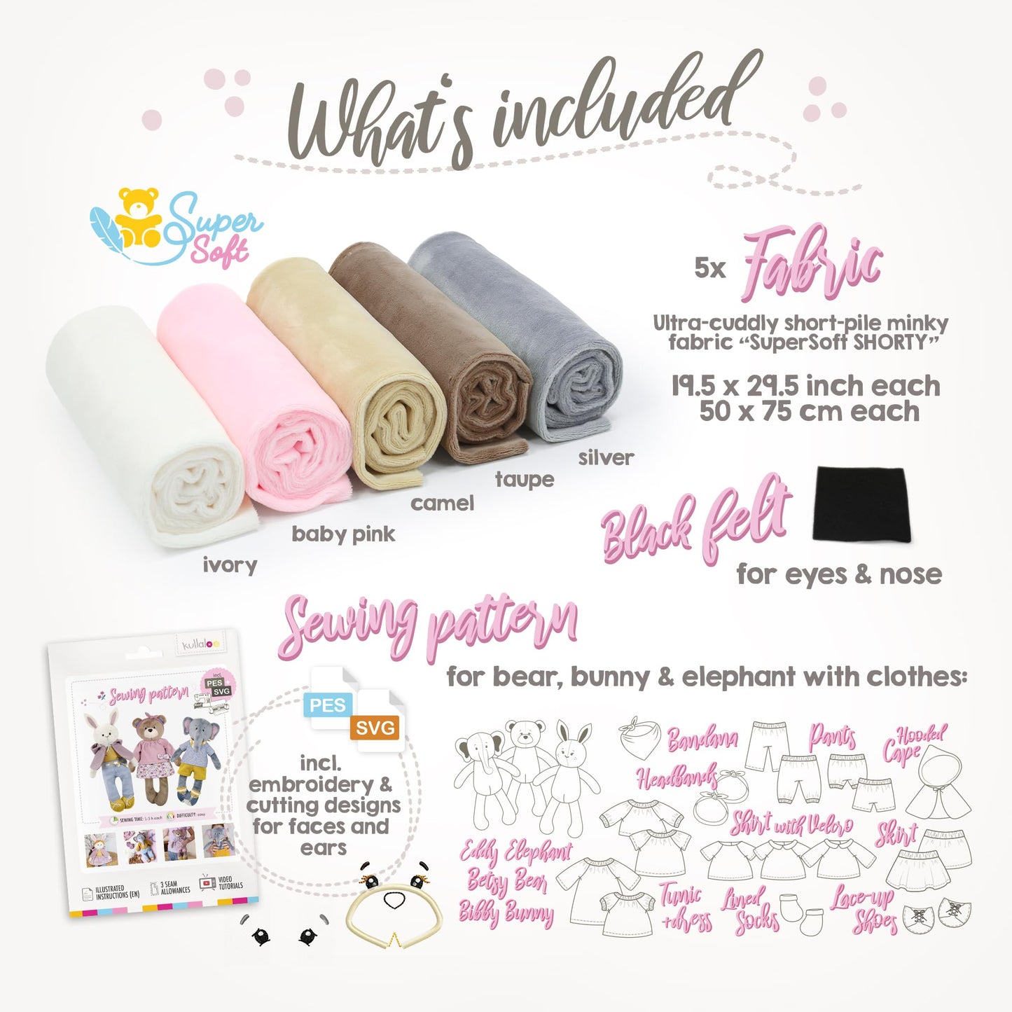 kullaloo Doll Sewing Kit ✦ DIY Plush Bunny, Bear & Elephant with Clothes ✦ Sewing Pattern & Supersoft Fabric Bundle ✦ Includes Sewing Pattern with PES & SVG Files