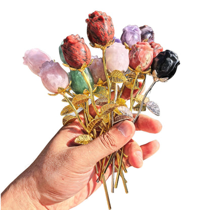 Crystal Rose Gemstone Flower Jewelry Carved Home Decoration,Reiki Heal,Girlfriend Gift,Mom's Gift,Valentines Gift (Golden stem,2piece Sodalite)