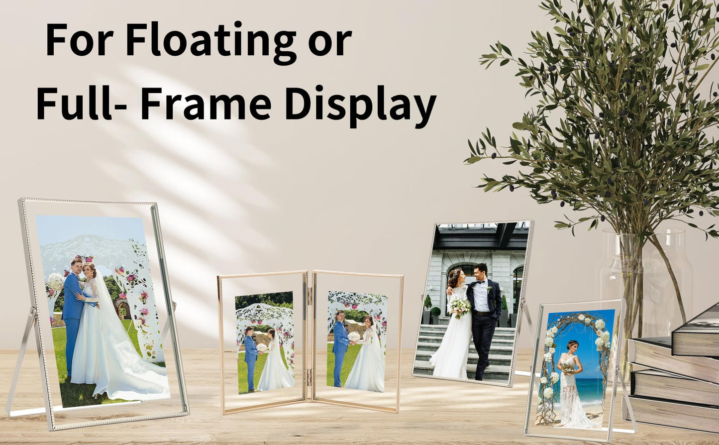 Classura Gold 8x10'' Floating Picture Frame Set of 2,For Photo Sizes (5x7'',6x8'',7x9''),Beautiful Metal Beaded Edge Frames Adjustable Tabletop/Shelf Photo Frame,Classy Gift Choice for Wedding