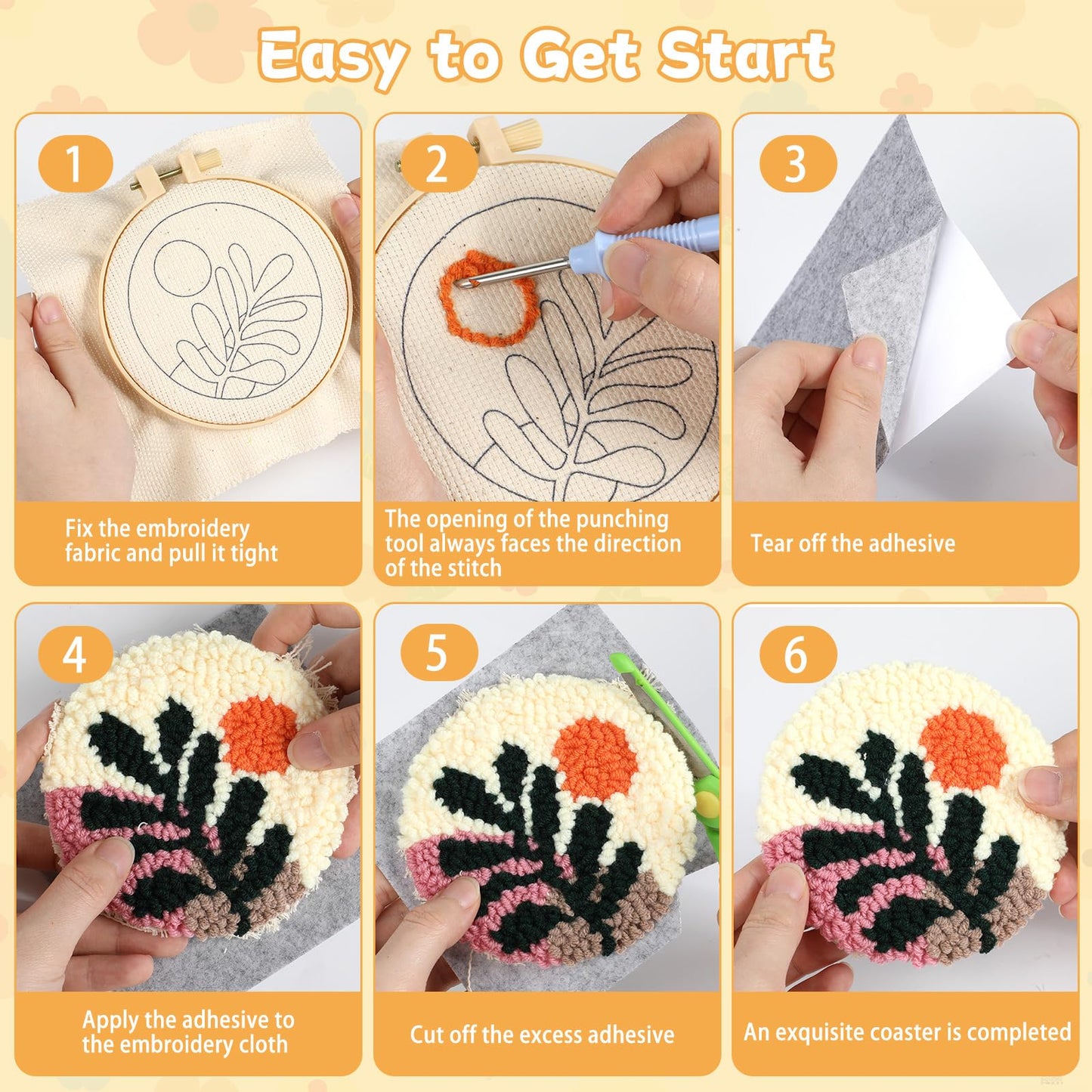 Punch Needle Coaster Kit for Beginners 6 Patterns Scenery Designs Embroidery Punch Needle Kit with Adhesive Felt Yarns Hoop Instruction Punching Decoration DIY Coaster Art Kits for Adults Beginner Kid