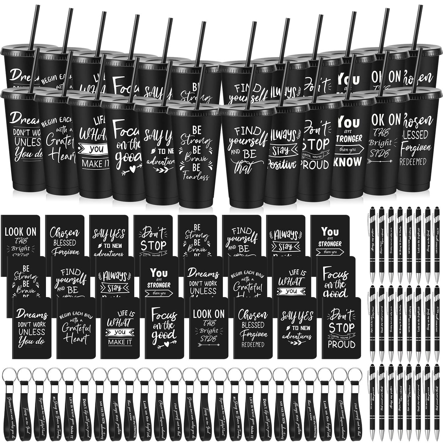 Hollowfly 24 Sets/96 Pcs Inspirational Gifts Bulk for Employee Recognition Appreciation, 24oz Plastic Cups Pens Notebooks Keychains Set, Gifts for Office School Teachers Staff Coworkers (Black)