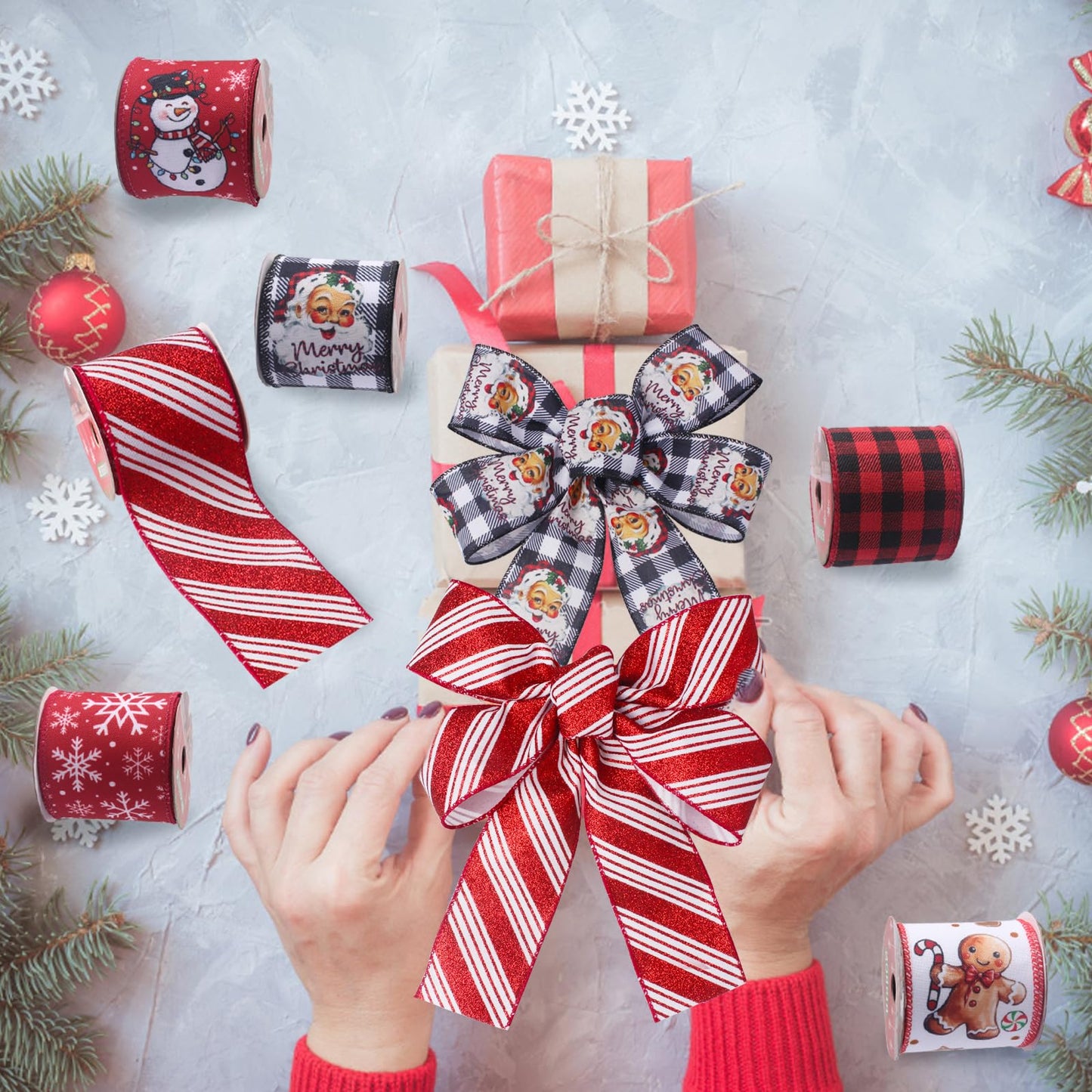 Rinoly Christmas Ribbon Wired 2.5 Inch, 6 Roll 30 Yards - Snowflake/Santa/Glitter Stripe/Buffalo Plaid Christmas Ribbon for Wreaths, Bows, Tree, DIY Crafts