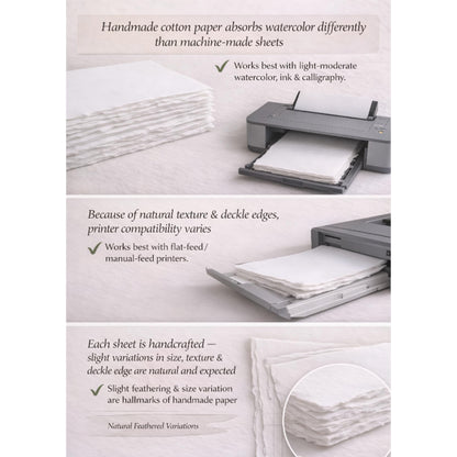 Handmade White Deckle Edge Blank Paper - 5x7 Inch Package of 50 - Mixed Media Loose Leaf Paper for Postcards, Invitations, Crafts and Announcements - Thick 150 GSM
