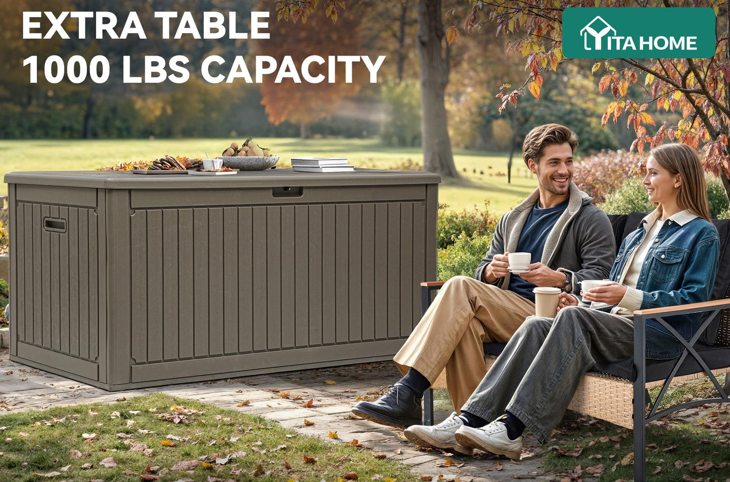 YITAHOME 320 Gallon Double-Wall Deck Box with Divider & Side Handles, Outdoor Large Storage for Patio Furniture Cushions, Garden Pool Accessories, Water Resistant & Lockable