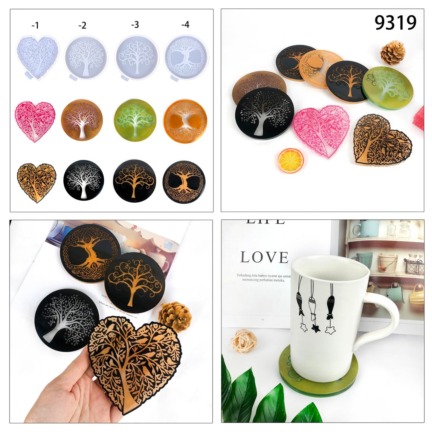 Tree of Life Silicone Resin kit, Round and Heart Coaster Resin molds Silicone, 4-Piece Epoxy Molds for Cup Mats, Table Decorations