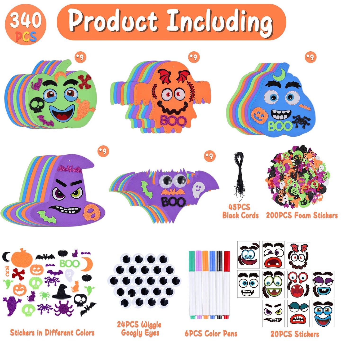 340PCS Halloween Foam Stickers Set, Halloween Crafts for Kids with Pumpkins Ghost Bat Spider Witch Hat DIY Craft Kit for Classroom Activities Party Favors Supplies