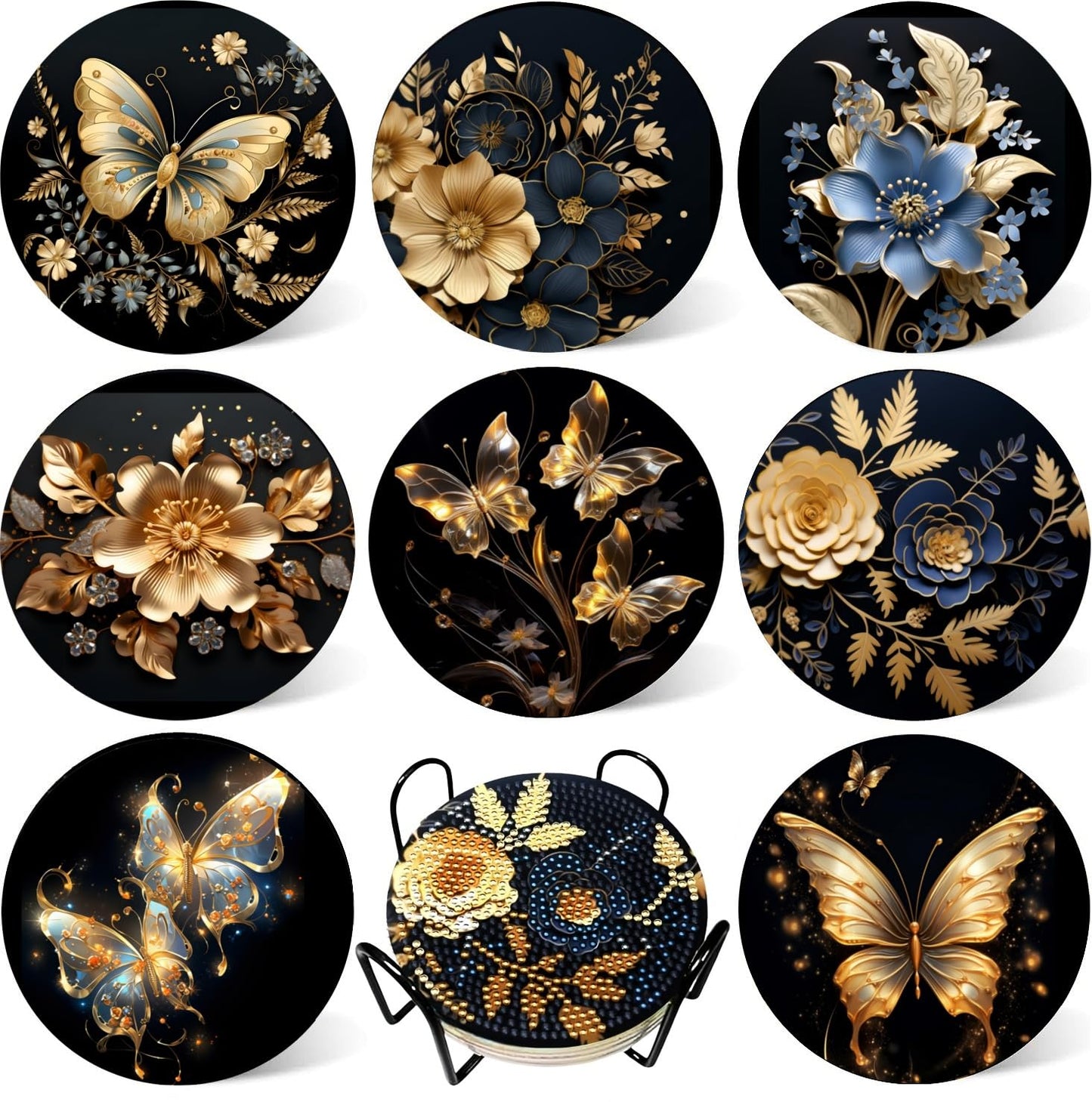 8 Pcs Butterfly Diamond Painting Coasters Kits with Holder,Flower Diamond Art Coasters Set for Drinks Coffee Table, Diamond Painting kit for Beginners Adults DIY Art Craft Gifts Home Decors