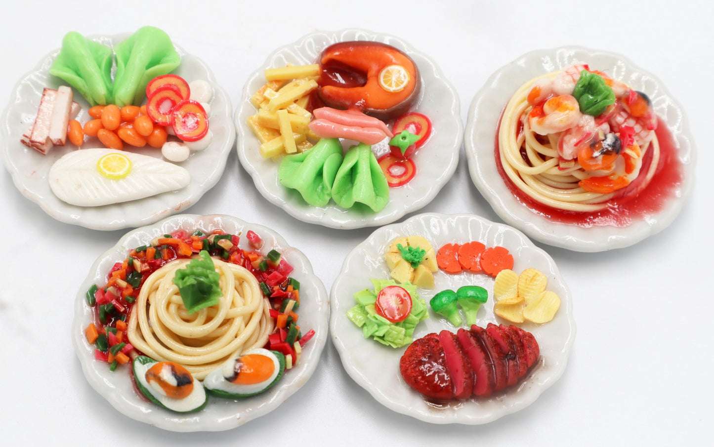 Mixed 5 Assorted Spaghetti and Steak Dollhouse Miniature Food,Tiny Food