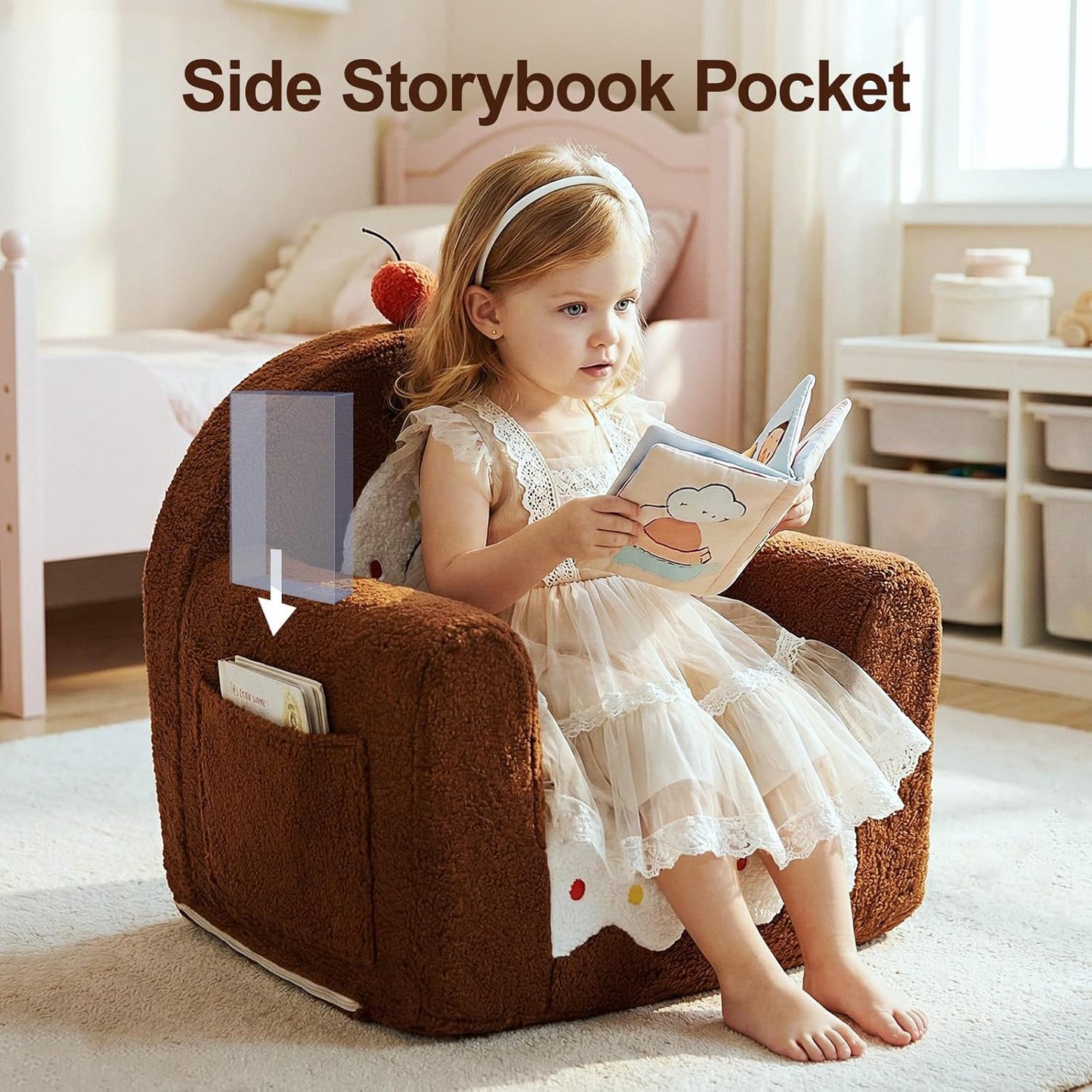 OUOZZZ 16, Toddler Chair for Ages Soft Sherpa Kids Sofa with Book Pocket & Carry Handle, Comfy Single-Seat Couch