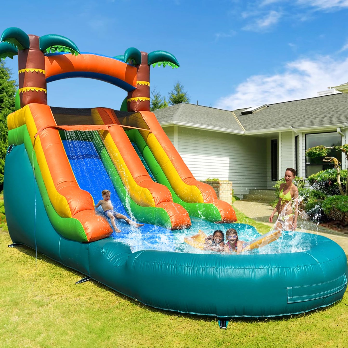 Water Slide Commercial, 21FT Big Water Slide for Kids and Adults with Powerful 950W Blower&Water Tube,100% Commercial Grade PVC Inflatable Adult Water Slides with Splash Pool (Green, 21x12x9FT)