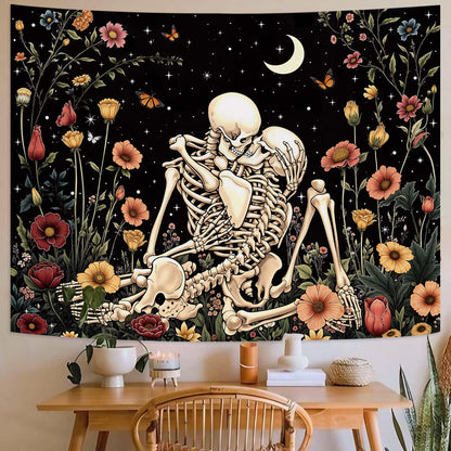 Haibimen Skeleton Tapestry Wall Hanging Dark Romance Moon Stars Butterfly Floral Skull Gothic Tapestries for Bedroom Aesthetic Wallpaper Decor for Living Room, Dorm (Black 1, 60''×44'')
