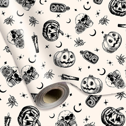 Whaline Halloween Wrapping Paper -Mini Roll- 17 In x 32.8 Ft Beige Black Skull Pumpkin Viper Gift Wrap Paper for Halloween Wrapping Supplies