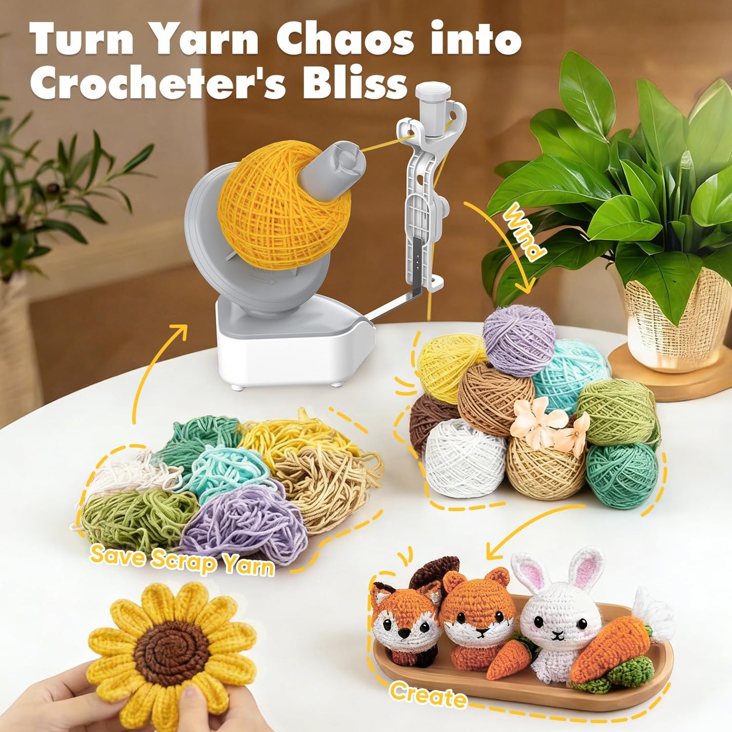 Electric Yarn Ball Winder - Automatic Wool Yarn Spinner with Stepless Speed & Strong Tension, Compact Wool Winder for Knitting Crocheting, Yarn Cake Maker (White)