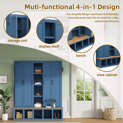 Virubi 4-in-1 62.9" Wide Hall Tree with Bench and Shoe Storage, Farmhouse Wood Entryway Bench with Coat Racks, Doors, 6 Hooks and Storage Shelves for Living Room (Blue)