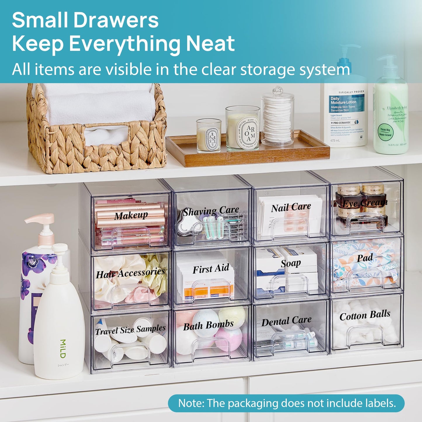 Vtopmart 4 Pack Small Clear Stackable Storage Drawers,Acrylic Bathroom Makeup Organizer,Plastic Storage Bins For Vanity, Undersink, Kitchen Cabinets, Pantry, Home Organization