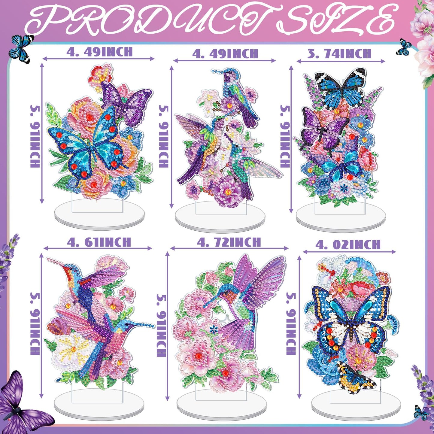 Cinnvoice 6 Pcs Diamond Art Tabletop Decorations Diamond Painting Centerpieces Dragonfly DIY Flower Desktop Art Ornaments for Table Tabletop Decor (Vertical Butterfly)