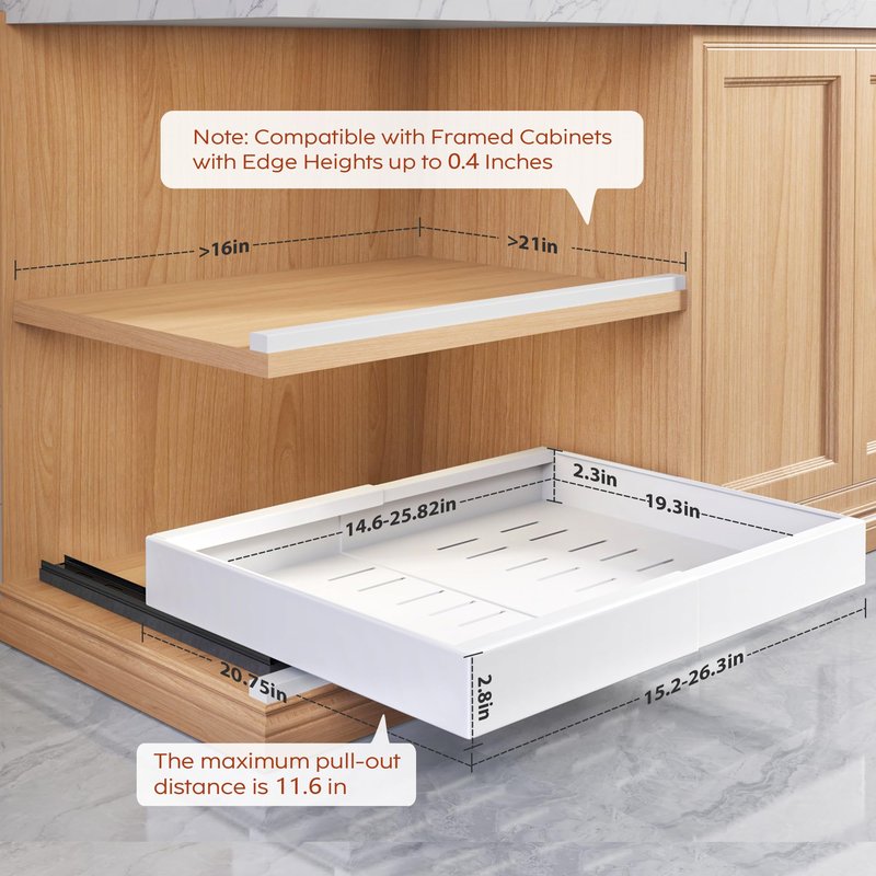 Seinloes 2 Pack Pull Out Cabinet Organizers 21" Deep With Raising Pad for Framed Cabinets, Expandable Width (15.2"-26.3") Slide Out Drawers Upgrade 3 Slide Rails, Roll Out Shelves Adhesive, White