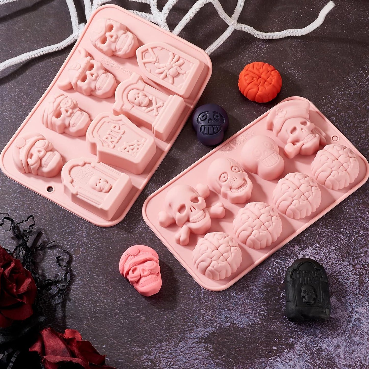 2Pcs Halloween Silicone Mold Skull Tomb Brain Fondant Molds for Gummy Jello Candy Chocolate Baking Decoration