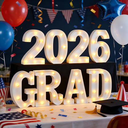 2026 Grad Marquee Lights - LED Number & Letter Sign for Graduation Party Decorations, Battery Operated Warm White Lights