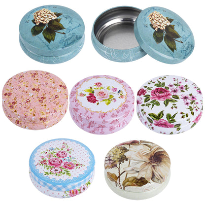 Framendino, 6 Pack Mini Tin Box Floral Pattern Round Tinplate Tins Coin Containers for Jewelry Storage Case