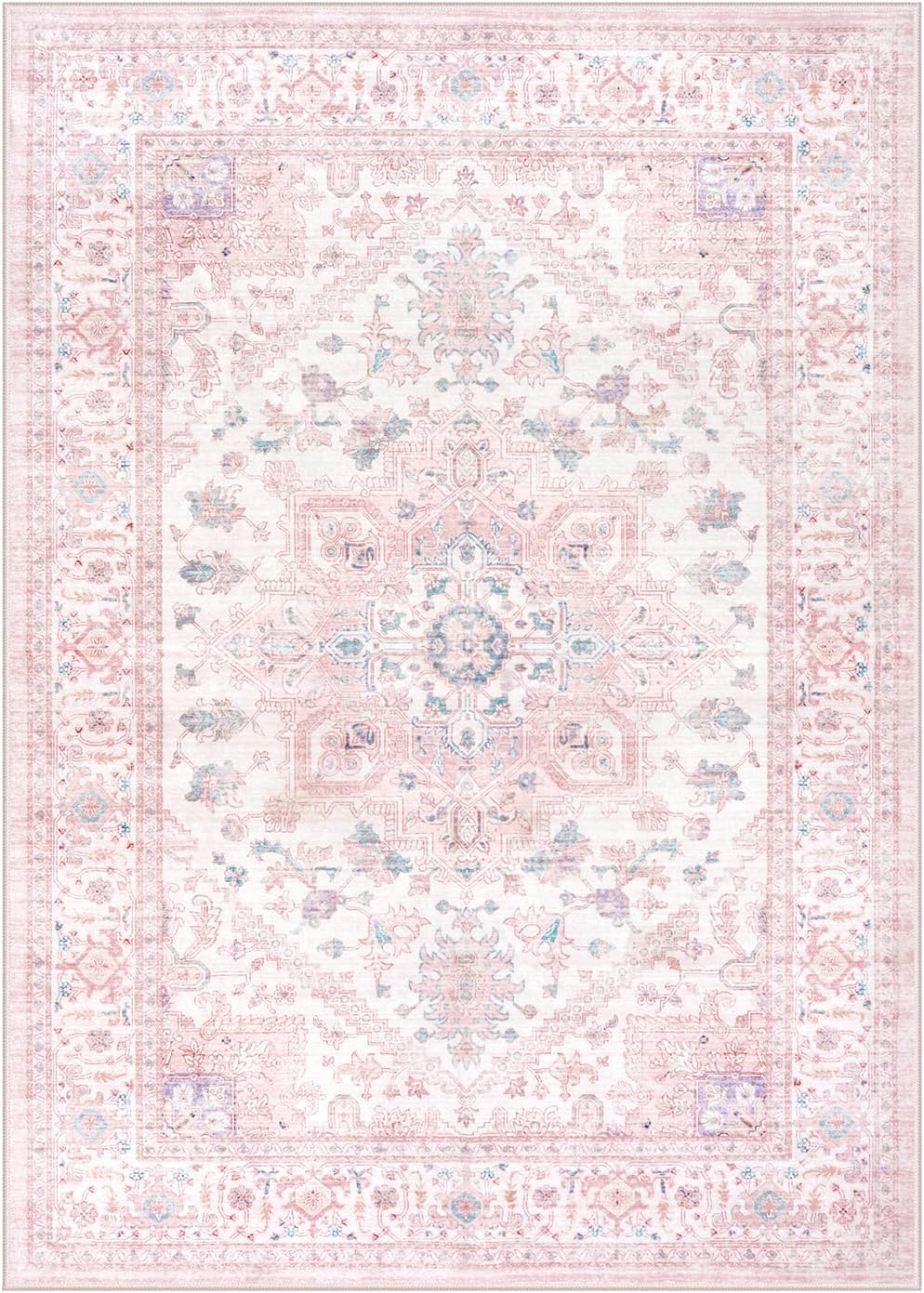 5x7 LIVEBOX Pink Washable Area Rug - Large Vintage Tribal Living Room Non-Slip Indoor Carpet for Bedroom, Low-Pile