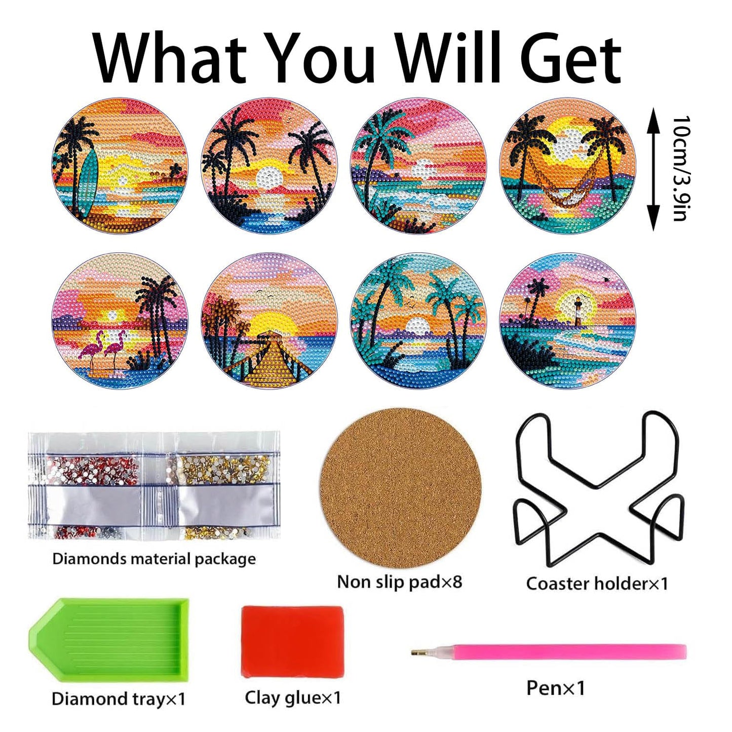 8 PCS Beach Moon Diamond Art Coasters Kits, Diamond Painting Coasters with Holder Set of 8, DIY Drink Coasters Art Crafts Supplies for Adults Cup Mat for Home Decor House Warming Gifts 3.9inch