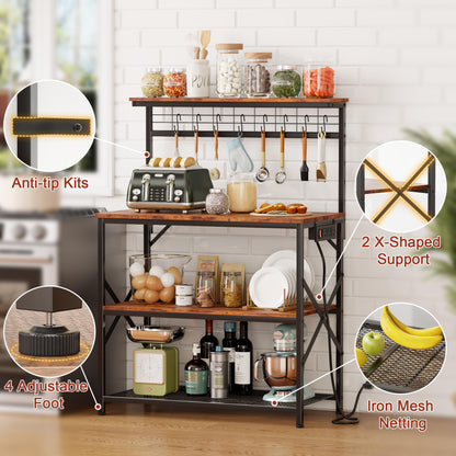 Furologee Kitchen Bakers Rack with Power Outlet, Microwave Oven Stand with Storage 4 Tiers, Coffee Bar Table with 6 S Hooks, Kitchen Storage Shelf Rack for Spices, Pots, Rustic Brown