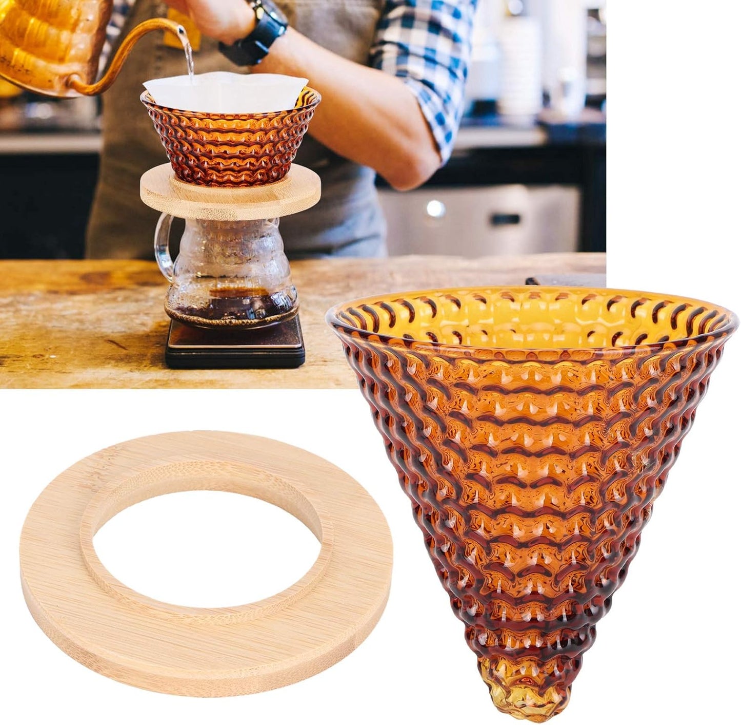 Glass Pour Over Coffee Dripper, Portable Coffee Maker with Reusable Filter, Brown Coffee Pot Accessories