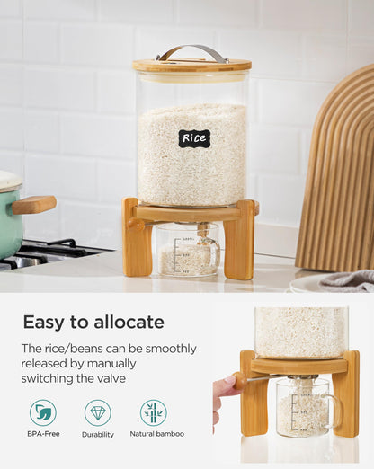 Famyards 5-7 lbs Glass Rice Dispenser with Wooden Stand Flour and Cereal Container with Glass Measuring Cup & Labels & Slider mat Pantry Food Organization Storage Bin with Airtight Bamboo Lid, 3L