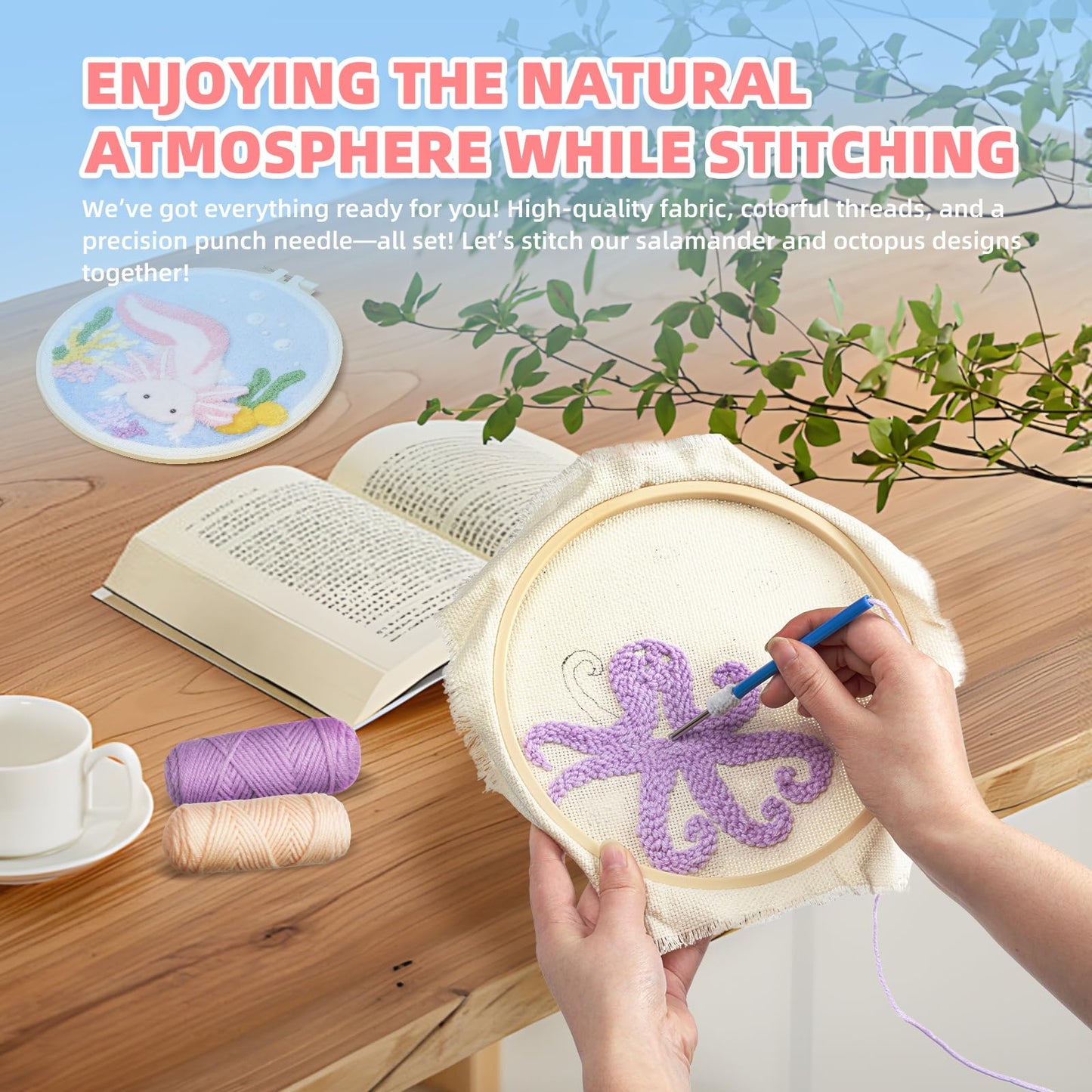 Punch Needle Kits Adults Beginner,Punch Needle kit for Beginners, Embroidery kit for Beginners,Includes All Tools and Materials,Easy to Follow Instructions and Videos-(Axolotl+Octopus)